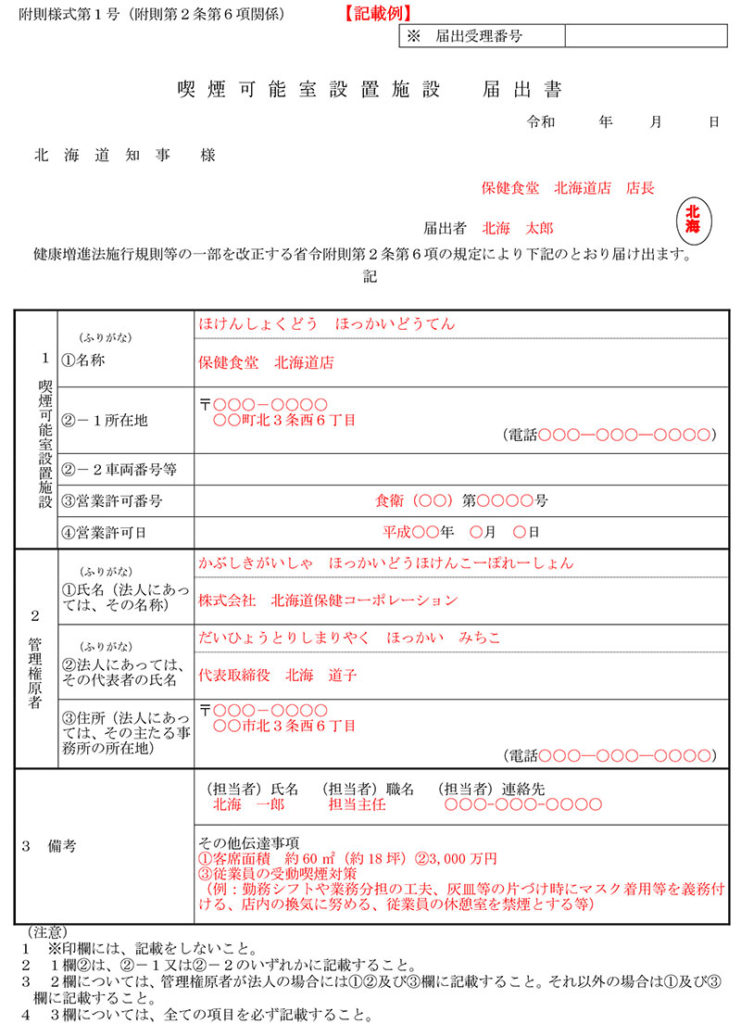 喫煙可能室設置施設届出書（記載例）